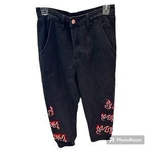 Size S/M black jeans with fire print on both sides. High waisted